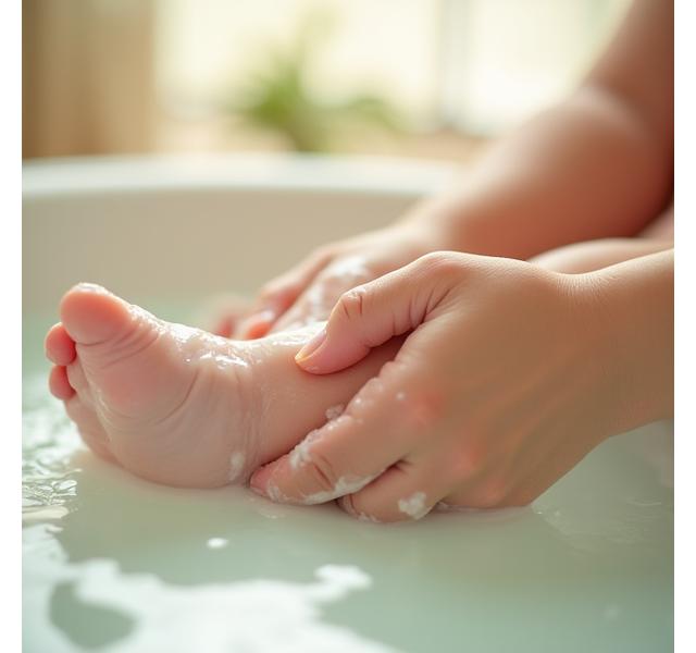 赤ちゃんが泡で優しく体を洗っている様子
