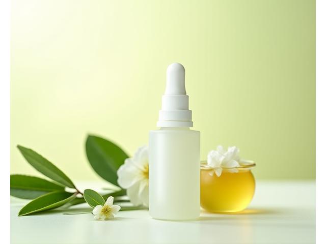 ナチュラルスキンケア製品の瓶とハーブ